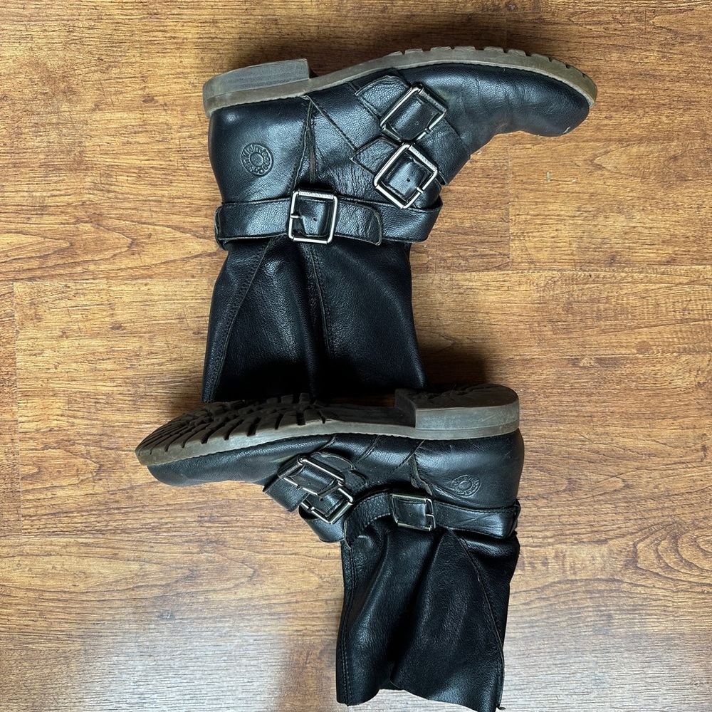 WMNS 9‎ Black Slouchy Leather Motto Buckle Boots